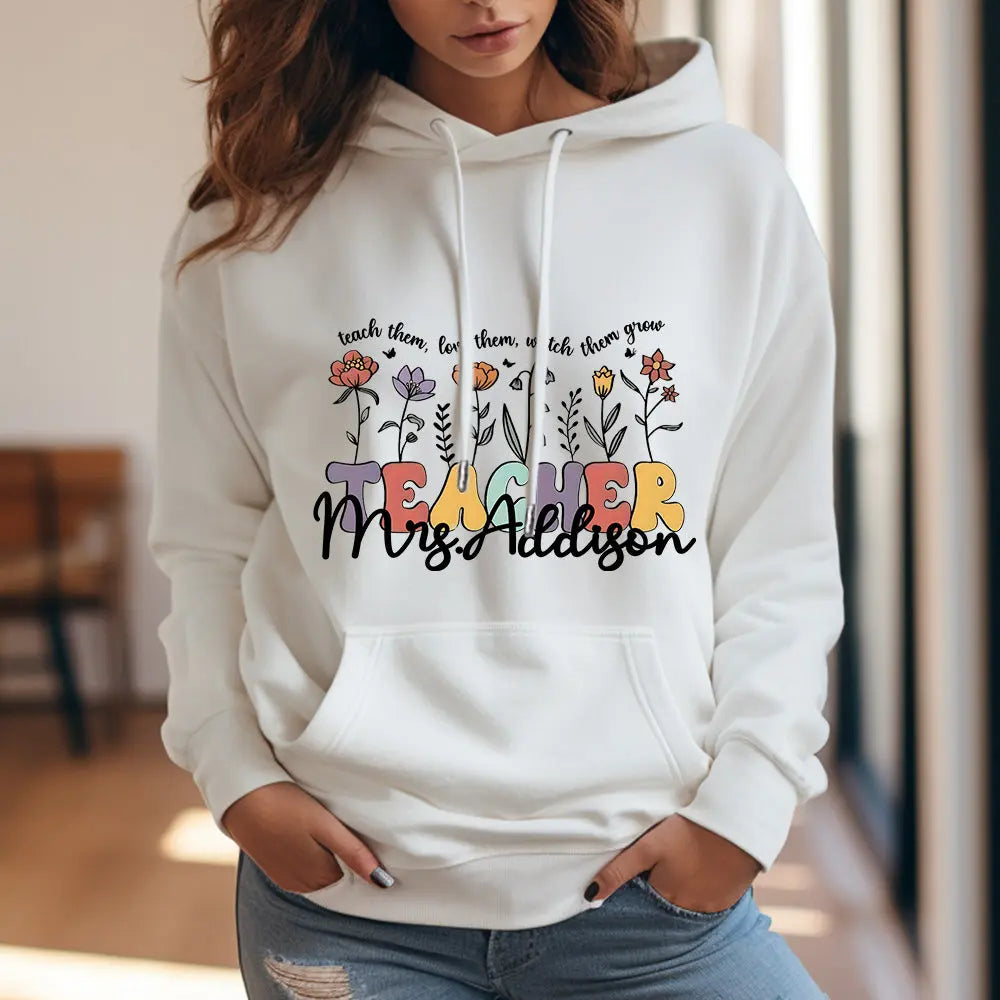 Personalized Wildflower Hooded Sweatshirt Teacher Custom Name Hooded Sweatshirt Back to School Gifts
