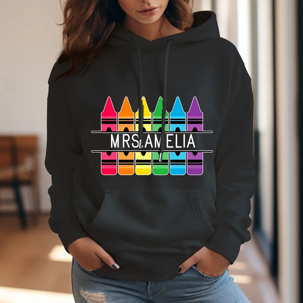 Personalized Crayon Hooded Sweatshirt Teacher Custom Name Hooded Sweatshirt Back to School Gifts