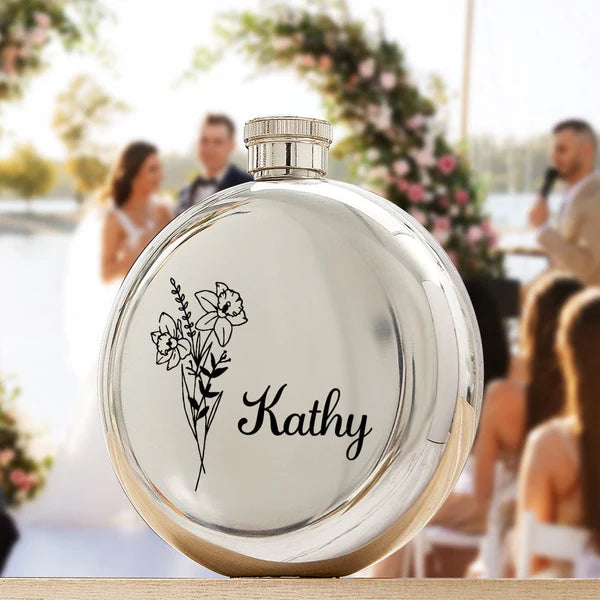 Personalized Name Flask with Birth Flower Custom Flask Gift for Bridesmaid Bachelorette Friends
