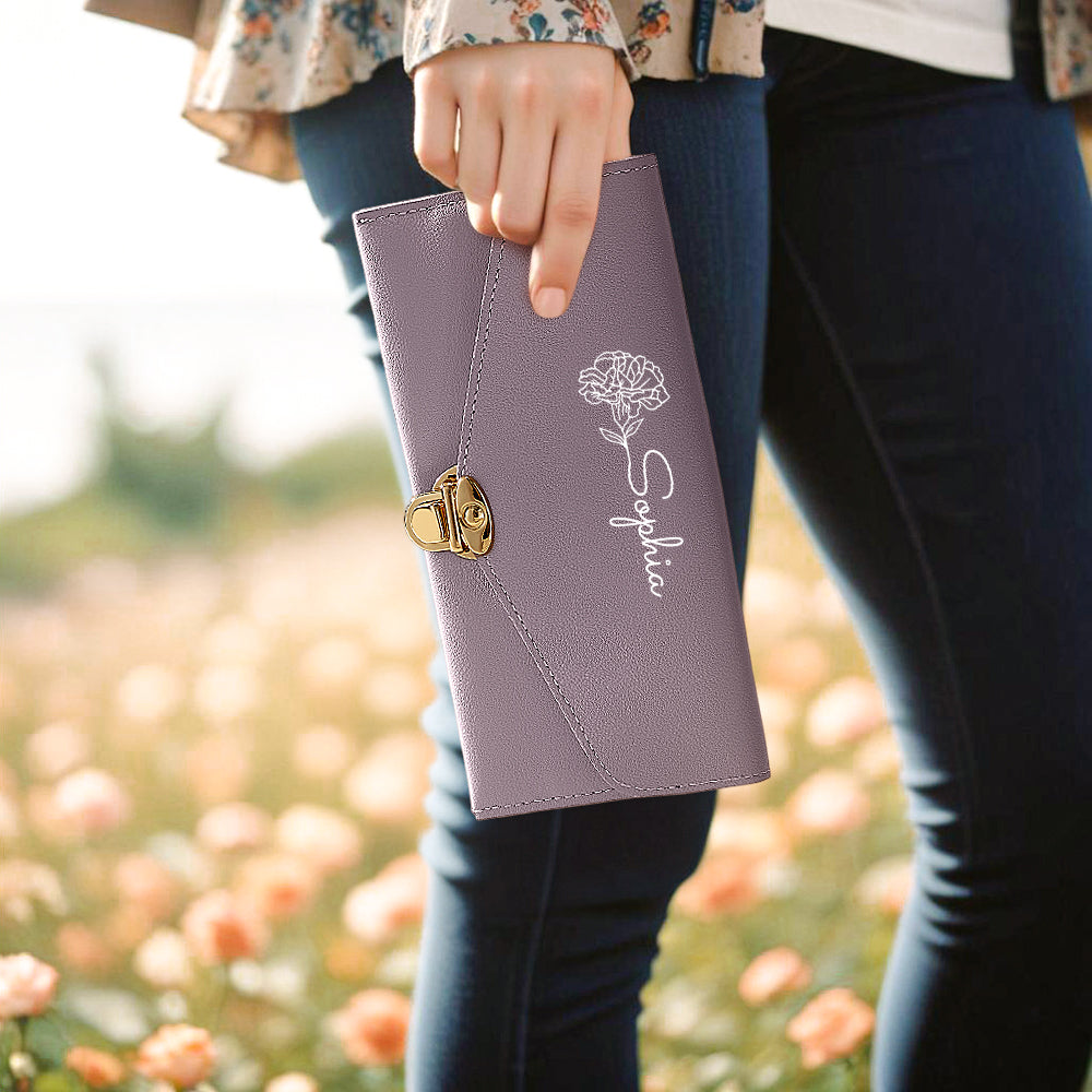 Personalized PU Leather Wallet Custom Birth Flower Wallet with Name Birthday Gift for Her