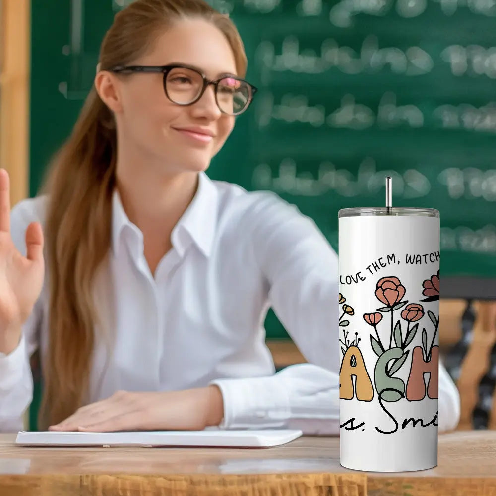 Personalized Wildflowers 20oz Name Skinny Tumbler with Straw Appreciation Gift for Teacher Back to School Gift