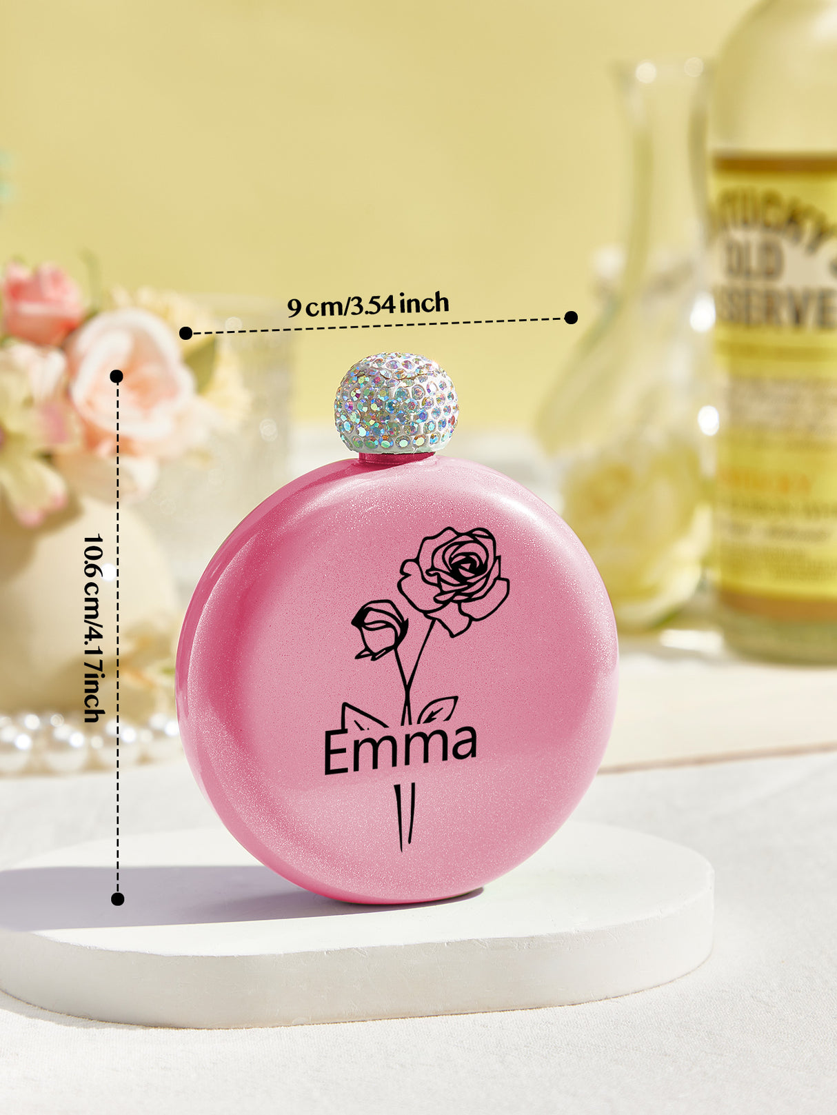 Personalized Birth Flower Round Flasks with Name 5oz Glitter Flask Wedding Birthday Gift for Her