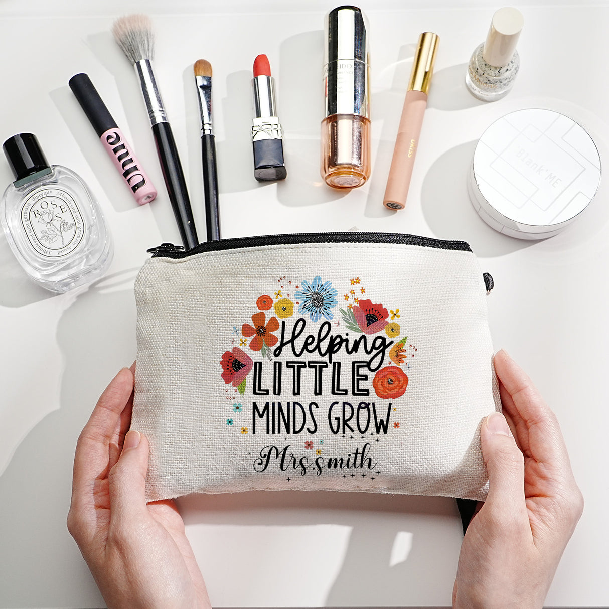 Personalized Flower Pencil Canvas Makeup Bag with Name Appreciation Back to School Gift for Teacher