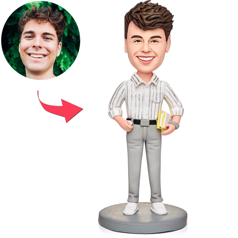 Male Teacher Holding a Book Custom Bobbleheads With Engraved Text