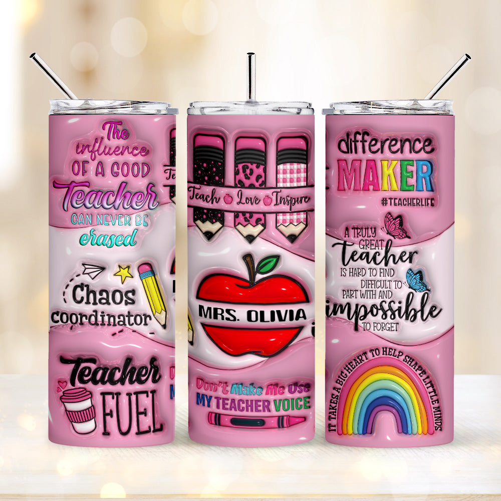 Personalized 3D Apple Pencil Design 20oz Skinny Tumbler Lid and Straw Back to School Gift for Teacher