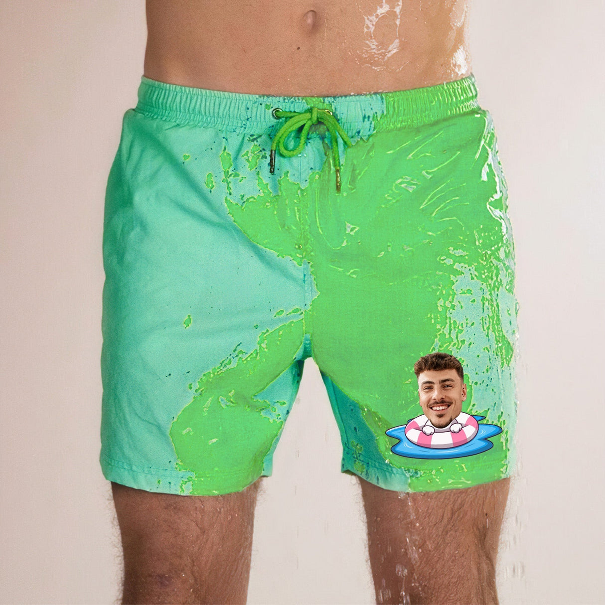 Custom Face Beach Shorts Personalized Swim Ring Green to Blue Gradient Swim Trunks