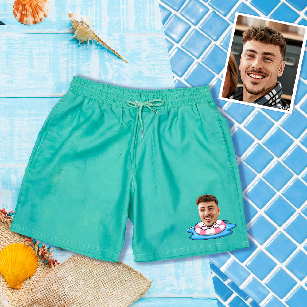 Custom Face Beach Shorts Personalized Swim Ring Green to Blue Gradient Swim Trunks