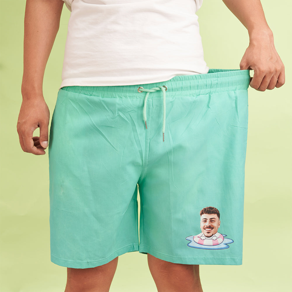 Custom Face Beach Shorts Personalized Swim Ring Green to Blue Gradient Swim Trunks