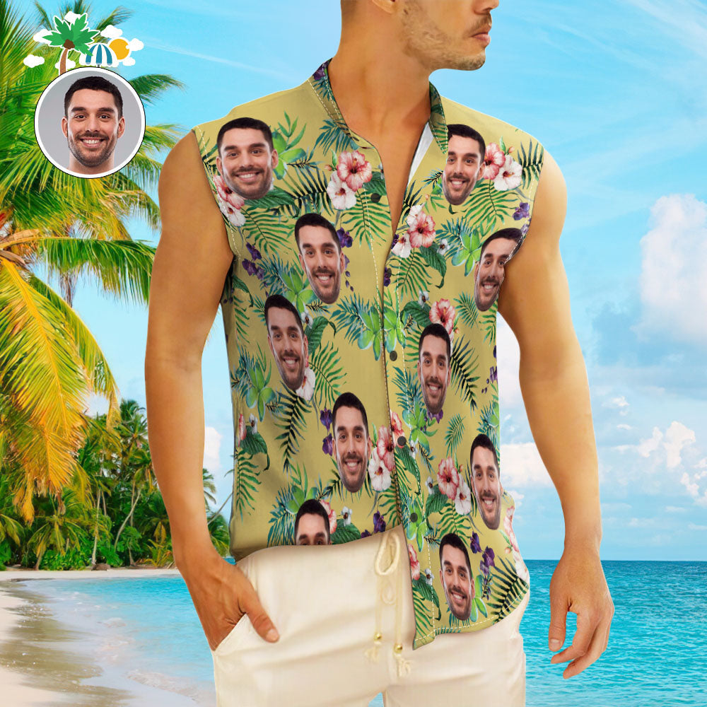Custom Face Men's Sleeveless Hawaiian Shirts Personalized Yellow Sleeveless Shirts For Men