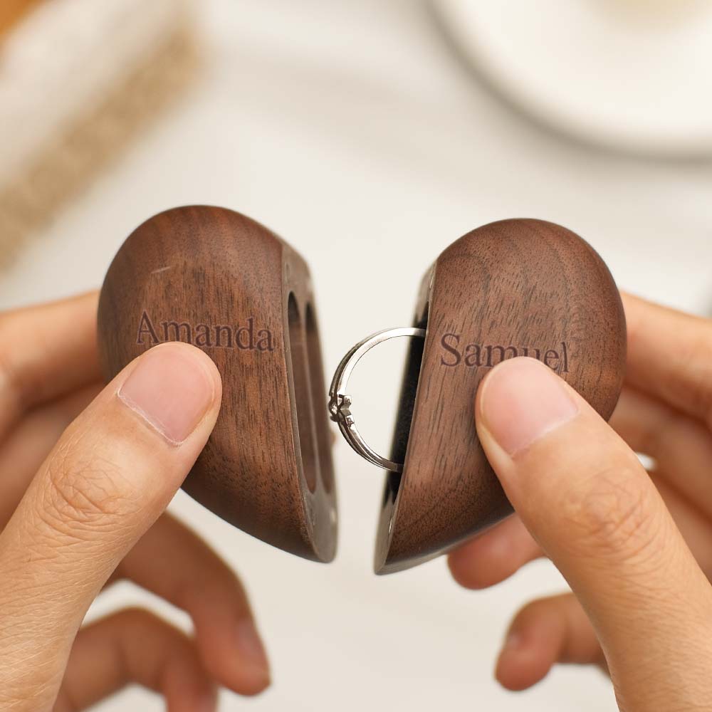 Personalized Heart-Shaped Engraved Ring Box Wooden Double Rings Wedding Ring Holder
