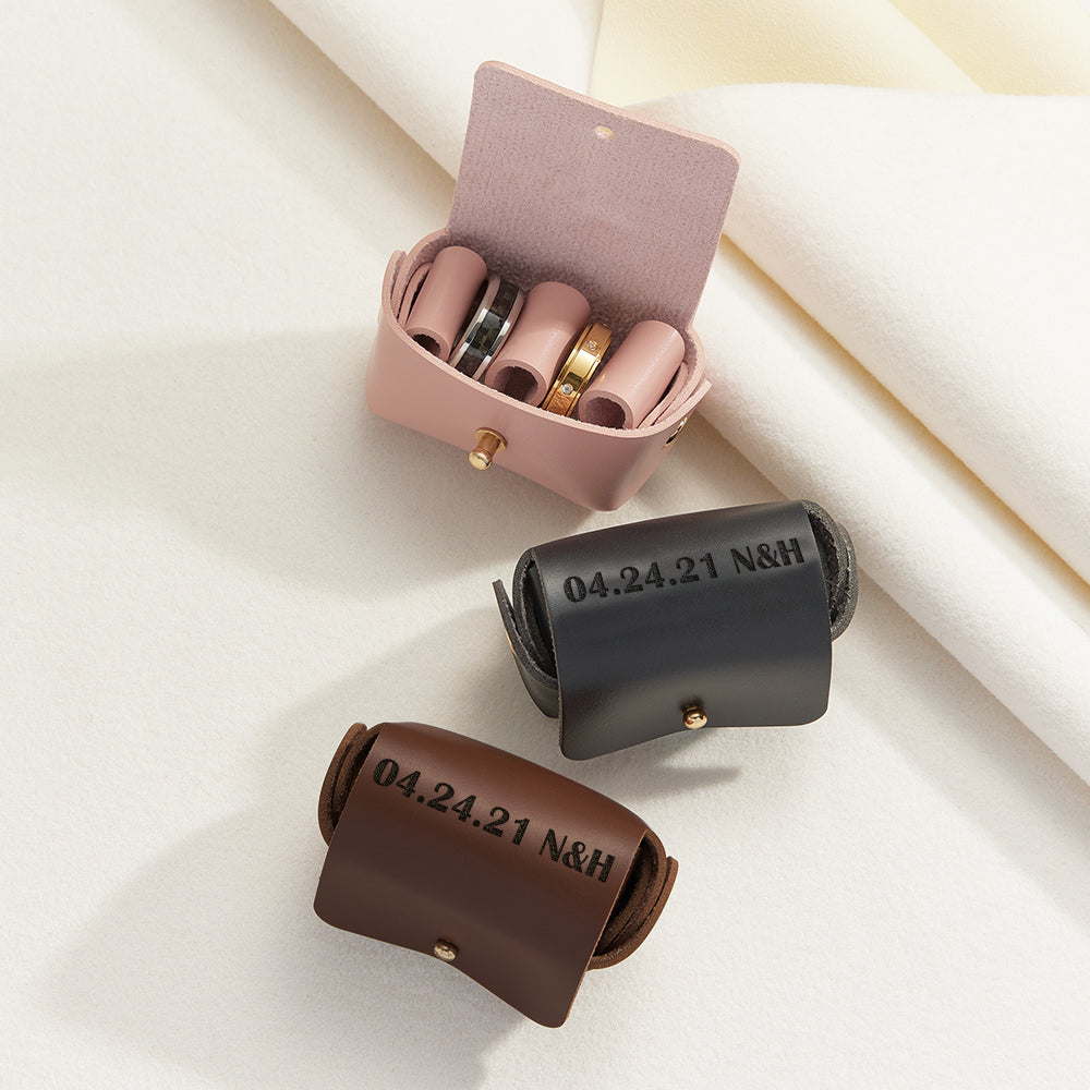 Personalized Leather Wedding Ring Pouch Custom Engraved Double Rings Box