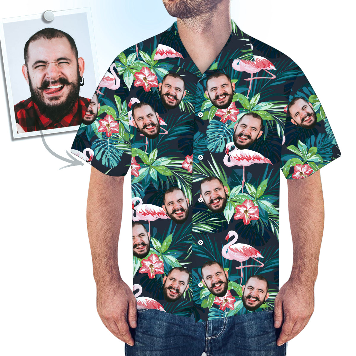 Custom Face Hawaiian Shirt And Beach Shorts Set Personalized Men's Photo Flamingo Flower Set Vacation Party Gift