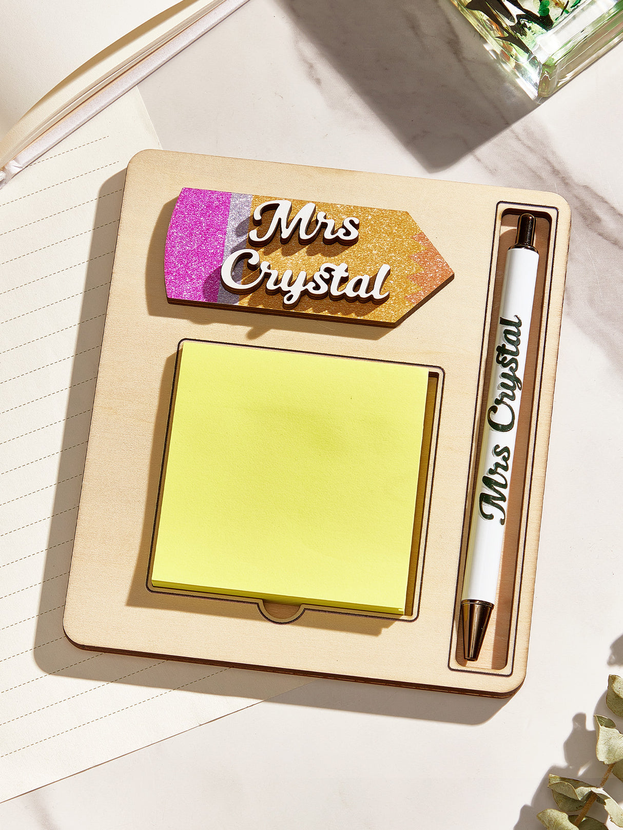 Personalized Name Sticky Note Wooden Holder with Pen Appreciation Gift for Teacher
