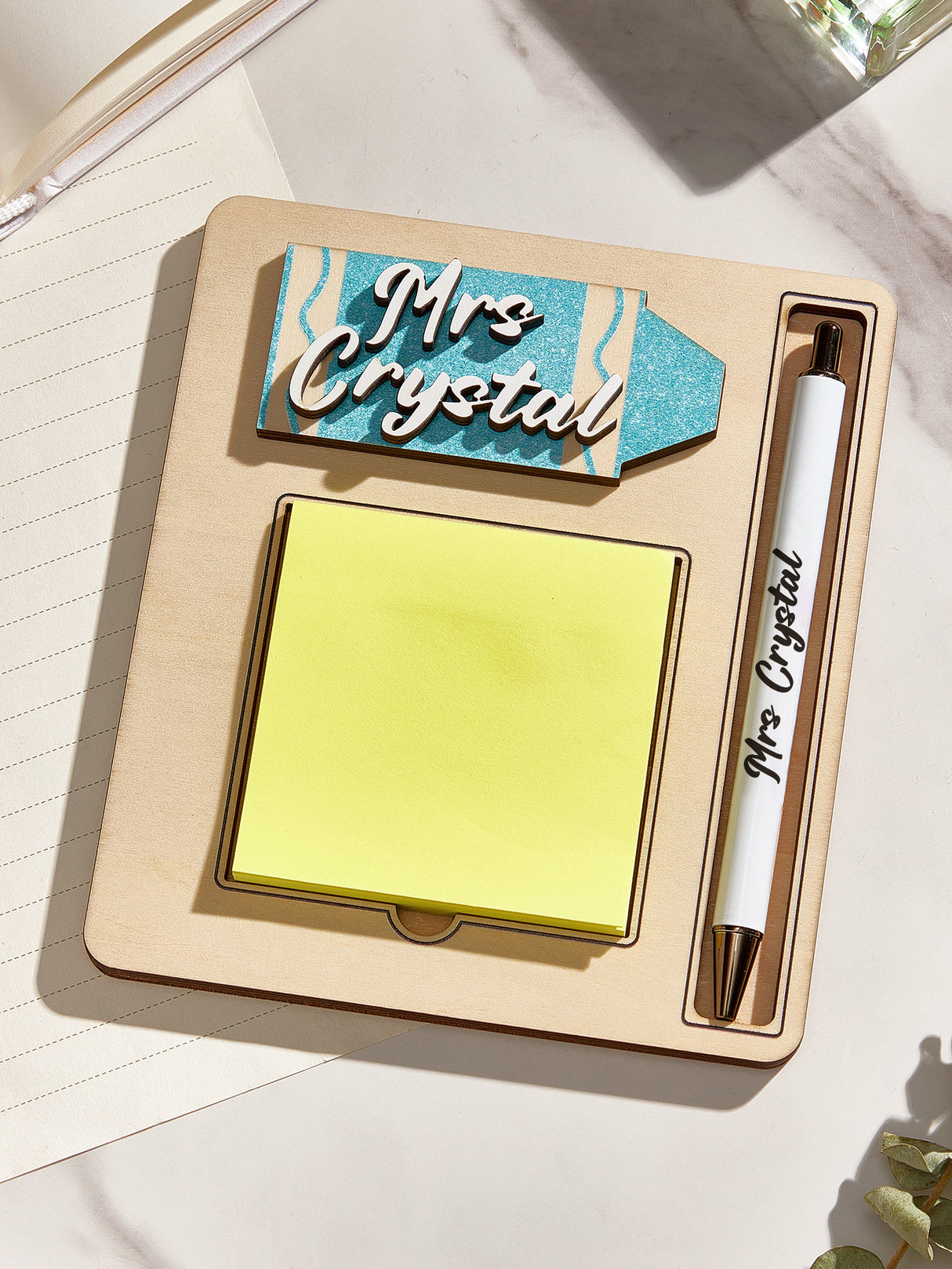 Personalized Name Sticky Note Wooden Holder with Pen Appreciation Gift for Teacher