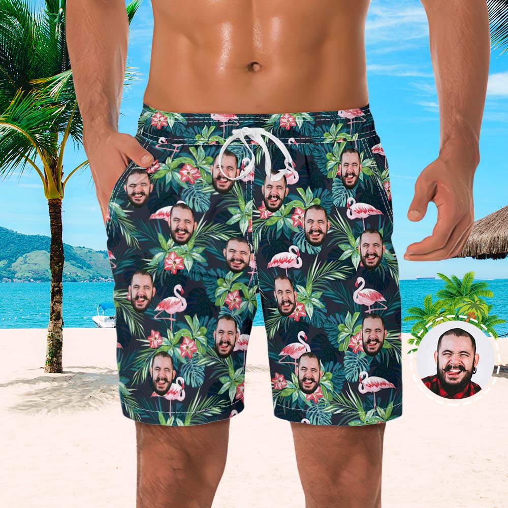 Men's Custom Face Beach Shorts Flamingo Hawaii Style for Summer Vocation