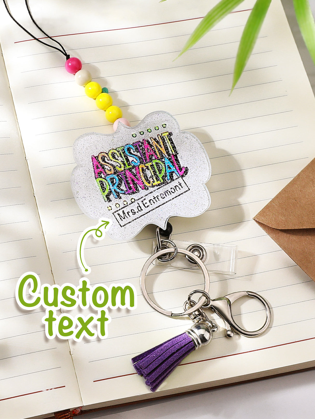 Personalized Glitter Acrylic Beaded Tassel Lanyard with Name Back to School Gift for Teacher