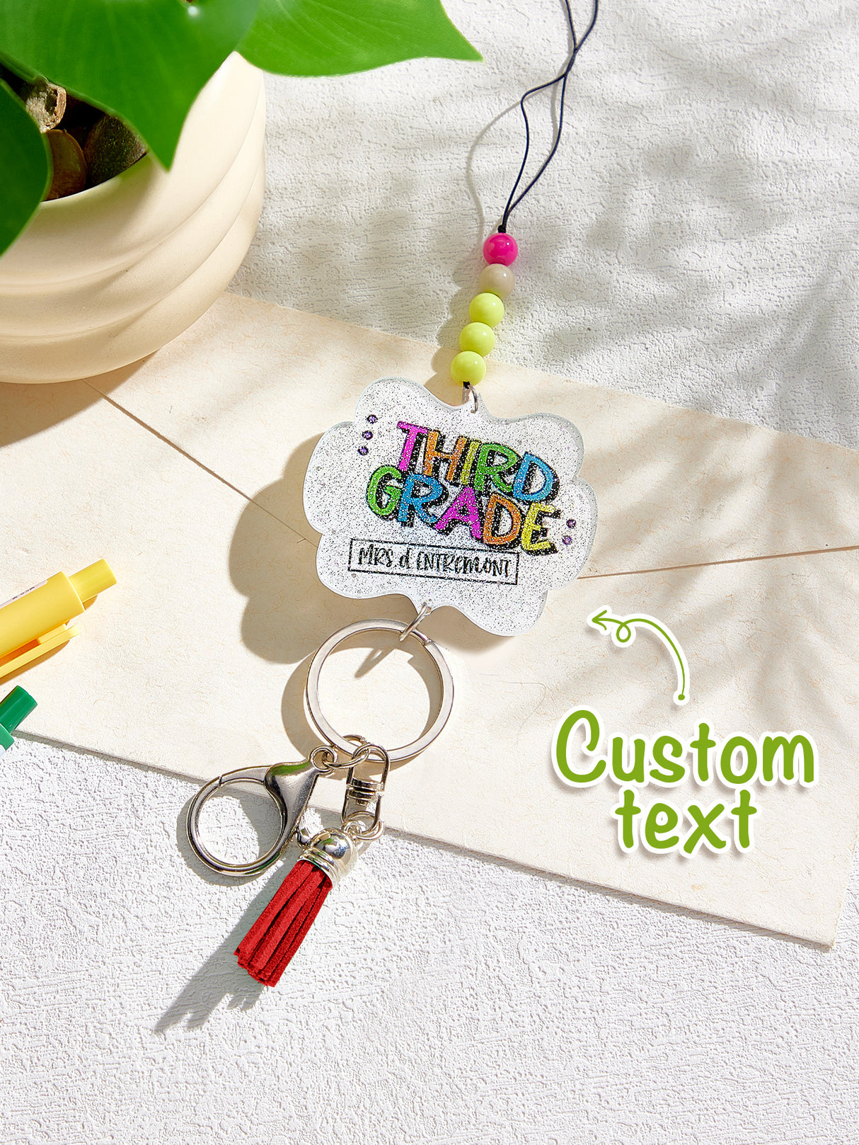 Personalized Glitter Acrylic Beaded Tassel Lanyard with Name Back to School Gift for Teacher