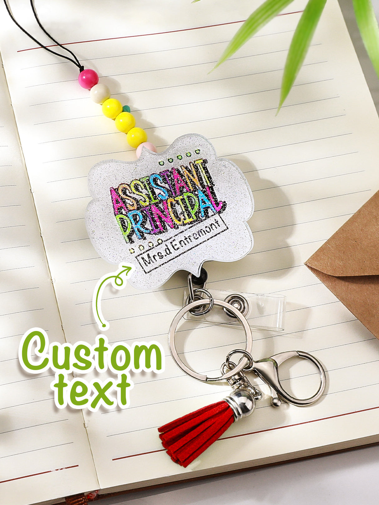 Personalized Glitter Acrylic Beaded Tassel Lanyard with Name Back to School Gift for Teacher