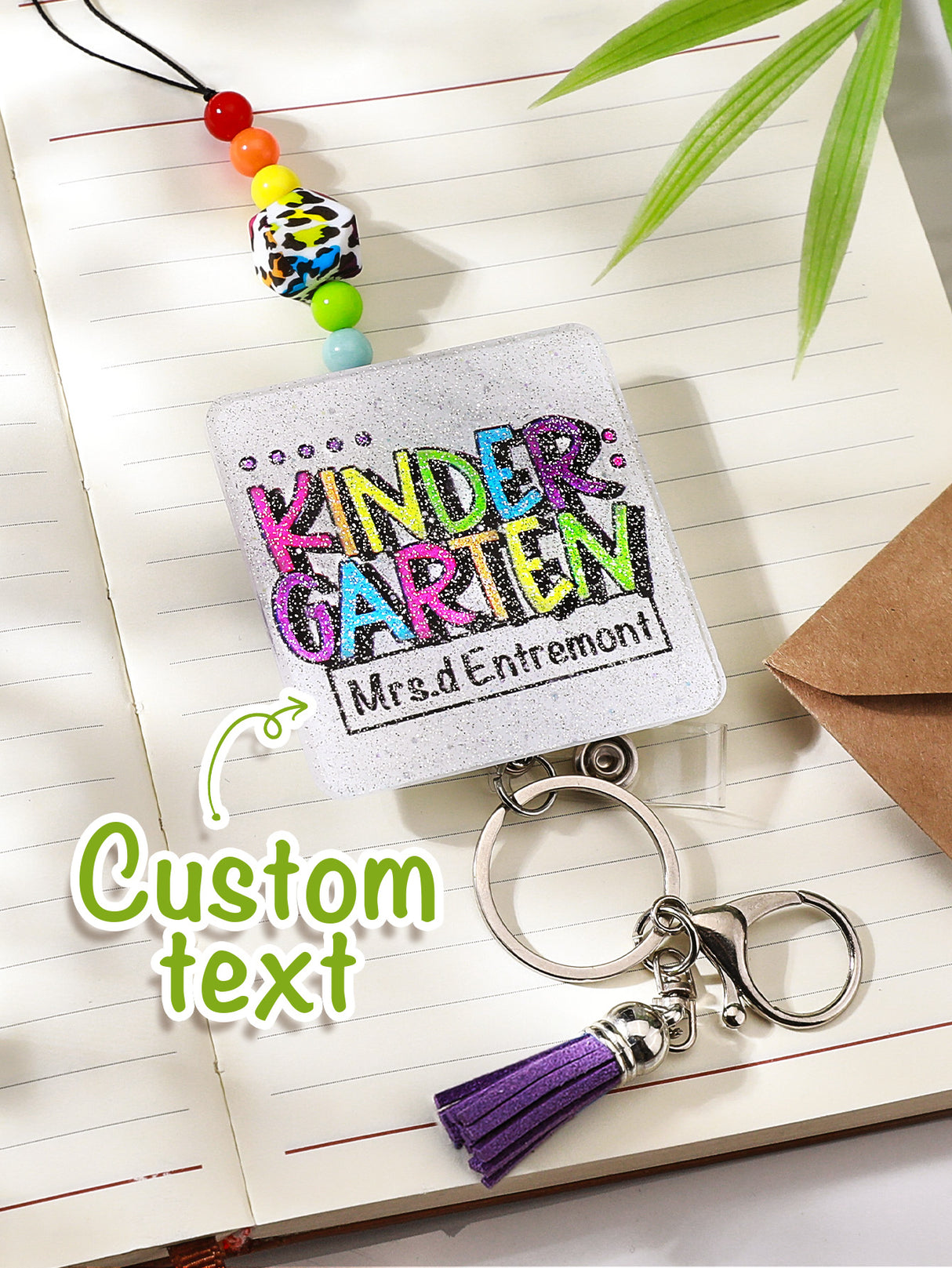 Personalized Glitter Acrylic Beaded Tassel Lanyard with Name Back to School Gift for Teacher