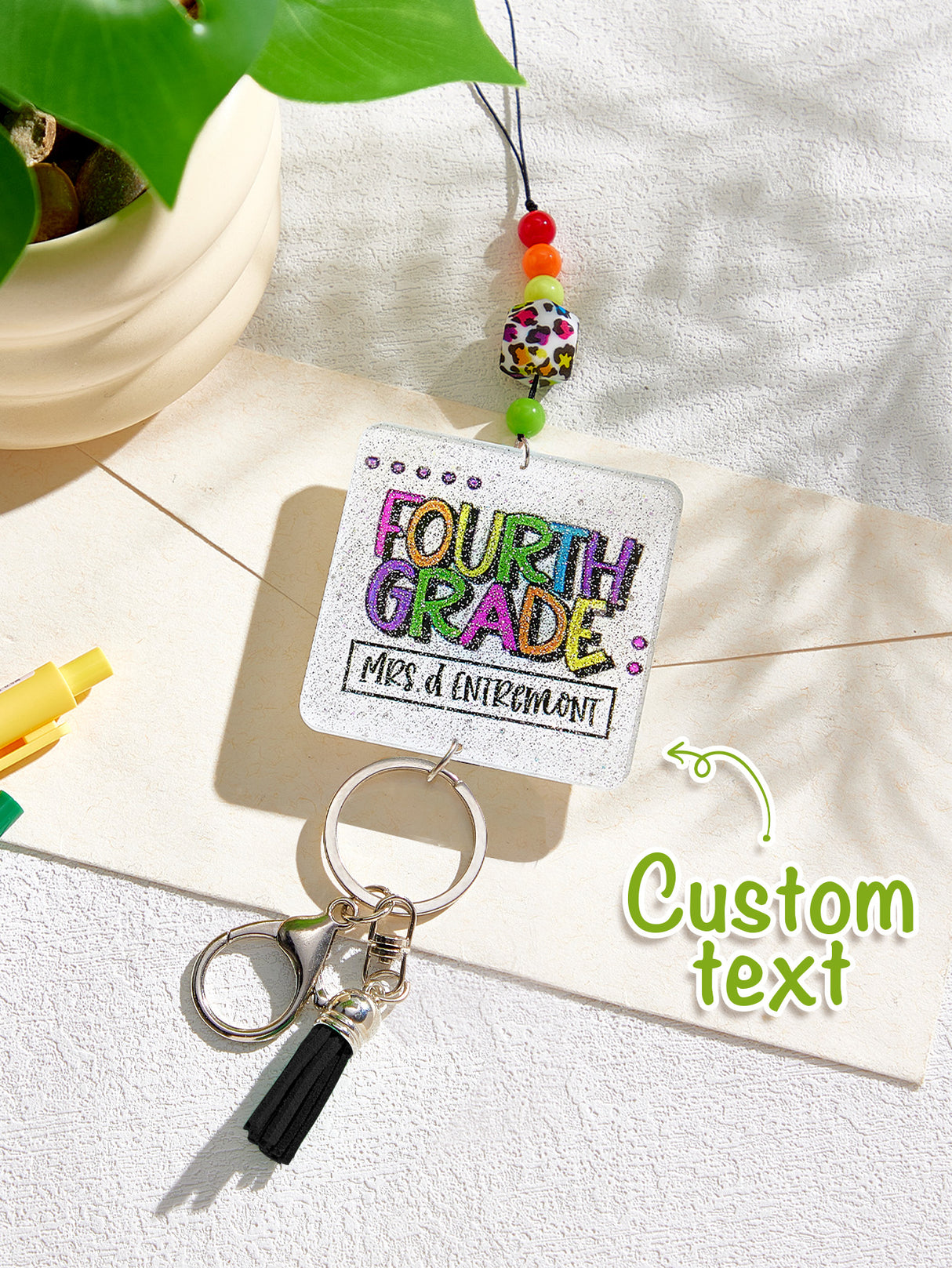 Personalized Glitter Acrylic Beaded Tassel Lanyard with Name Back to School Gift for Teacher