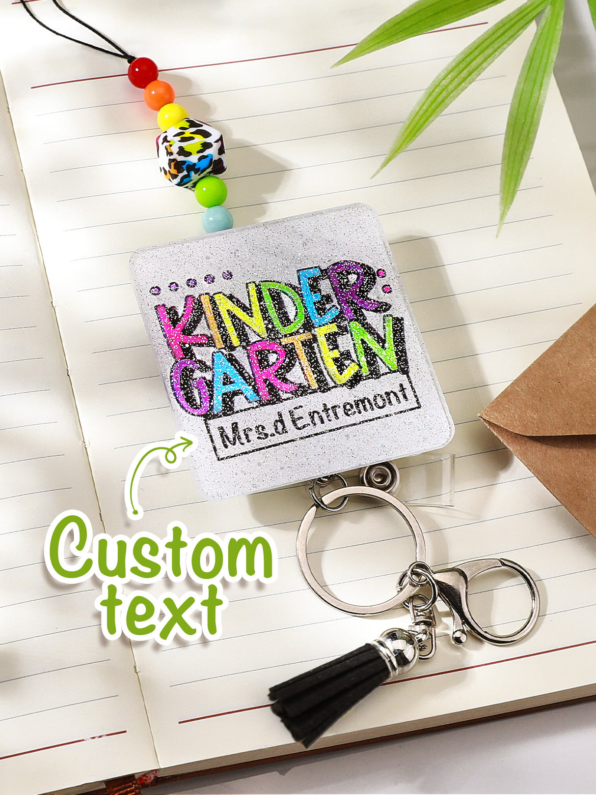 Personalized Glitter Acrylic Beaded Tassel Lanyard with Name Back to School Gift for Teacher