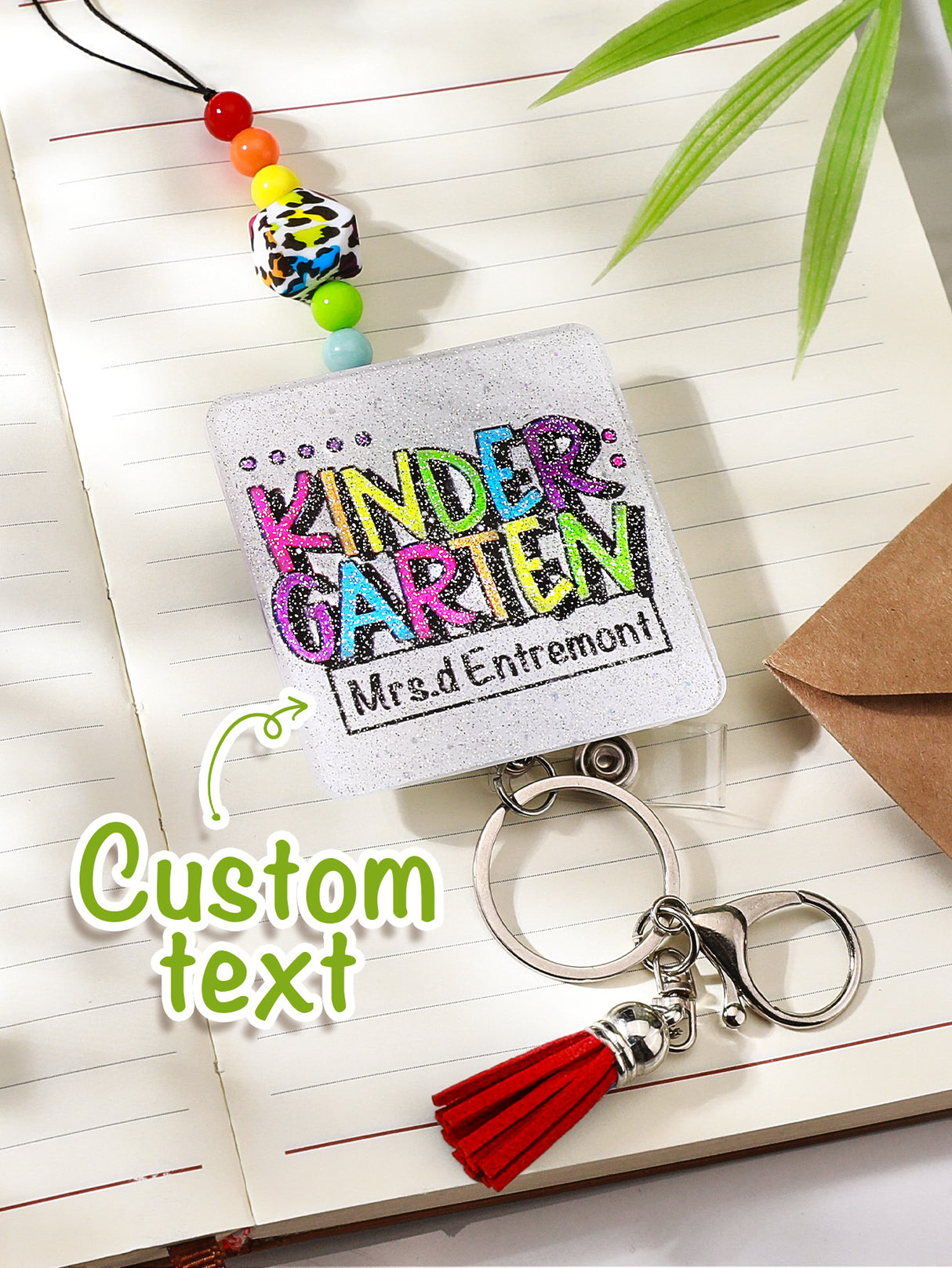 Personalized Glitter Acrylic Beaded Tassel Lanyard with Name Back to School Gift for Teacher