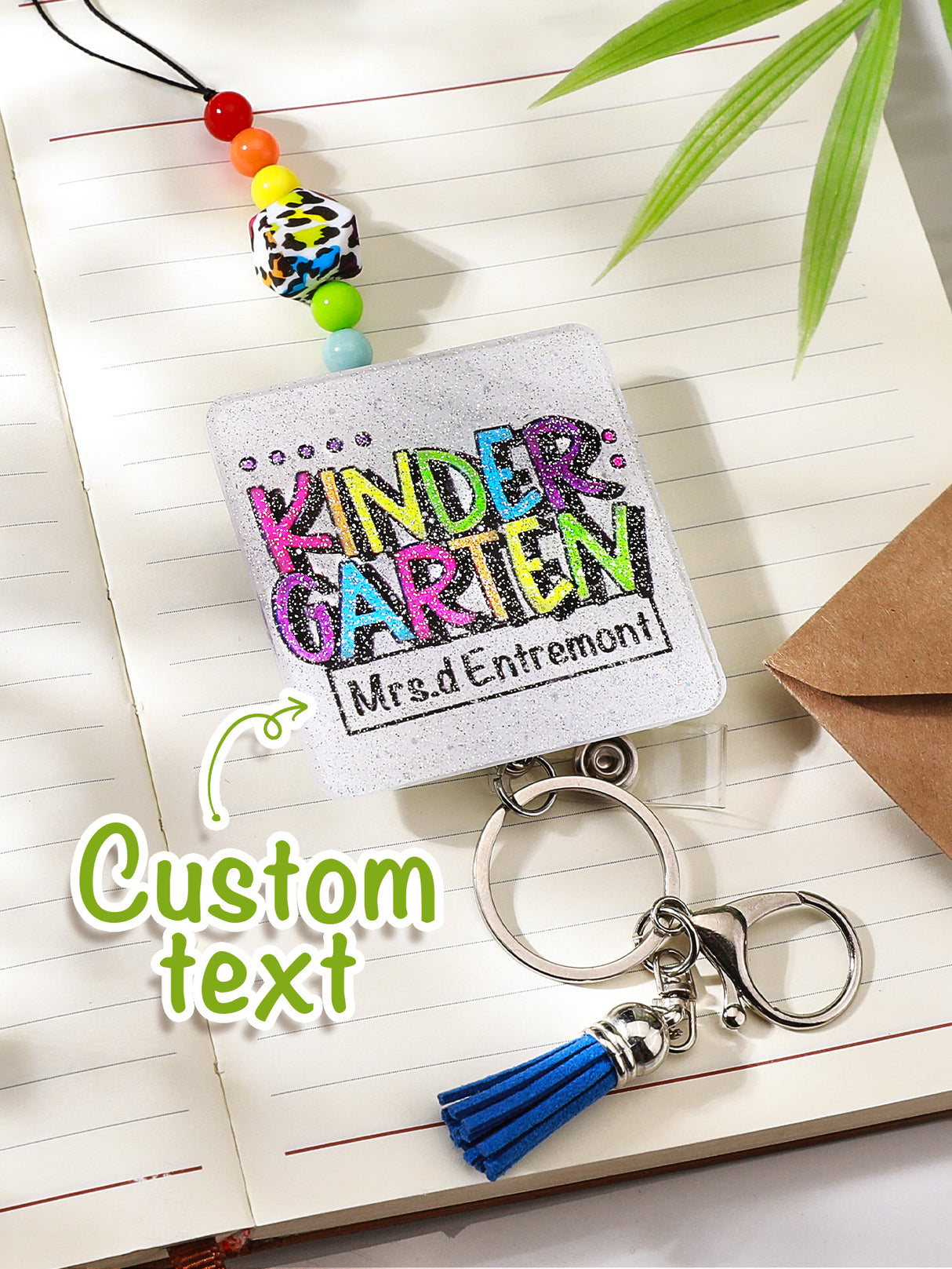 Personalized Glitter Acrylic Beaded Tassel Lanyard with Name Back to School Gift for Teacher