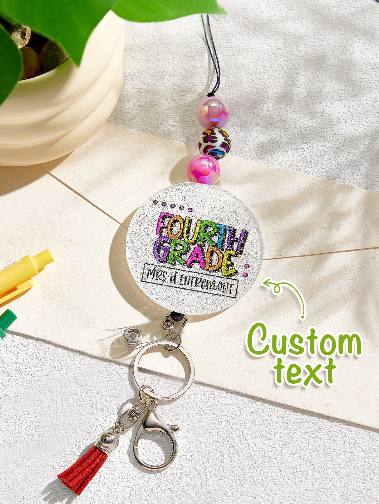 Personalized Glitter Acrylic Beaded Tassel Lanyard with Name Back to School Gift for Teacher