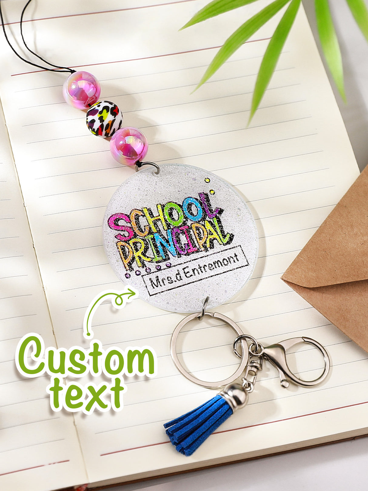 Personalized Glitter Acrylic Beaded Tassel Lanyard with Name Back to School Gift for Teacher