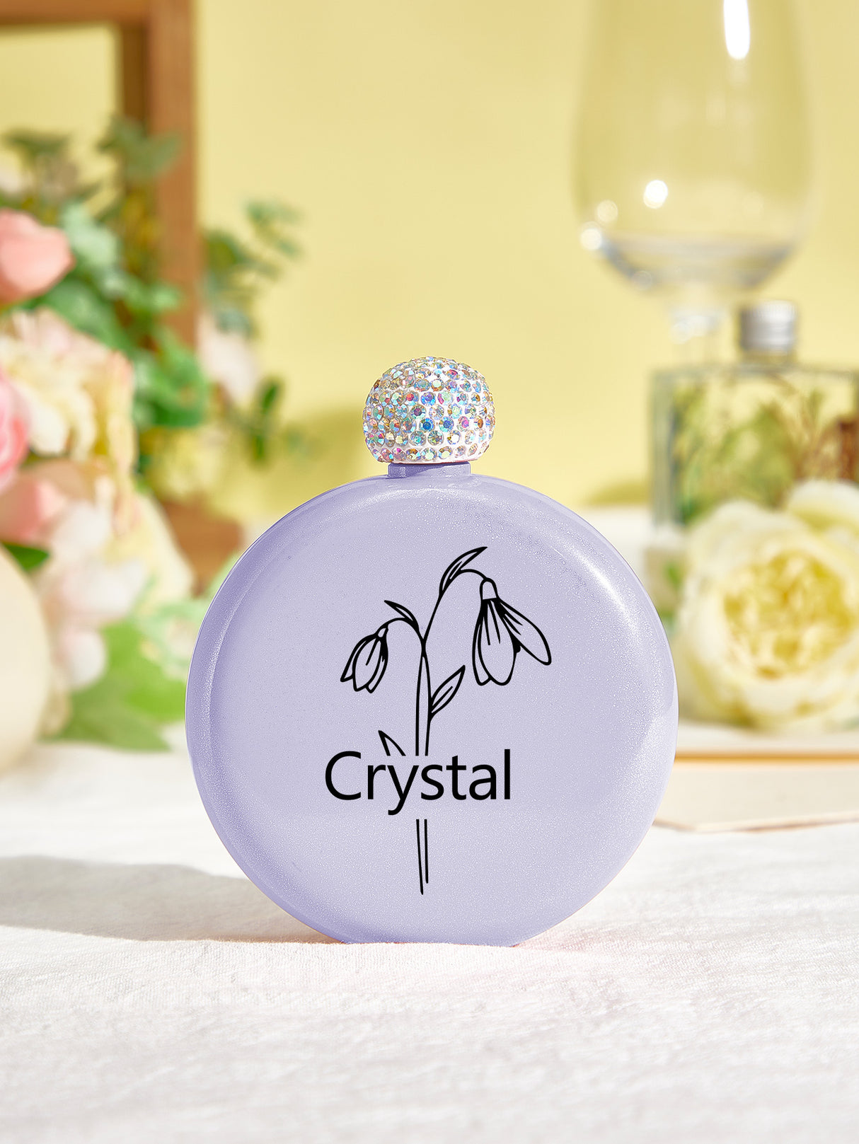Personalized Birth Flower Round Flasks with Name 5oz Glitter Flask Wedding Birthday Gift for Her