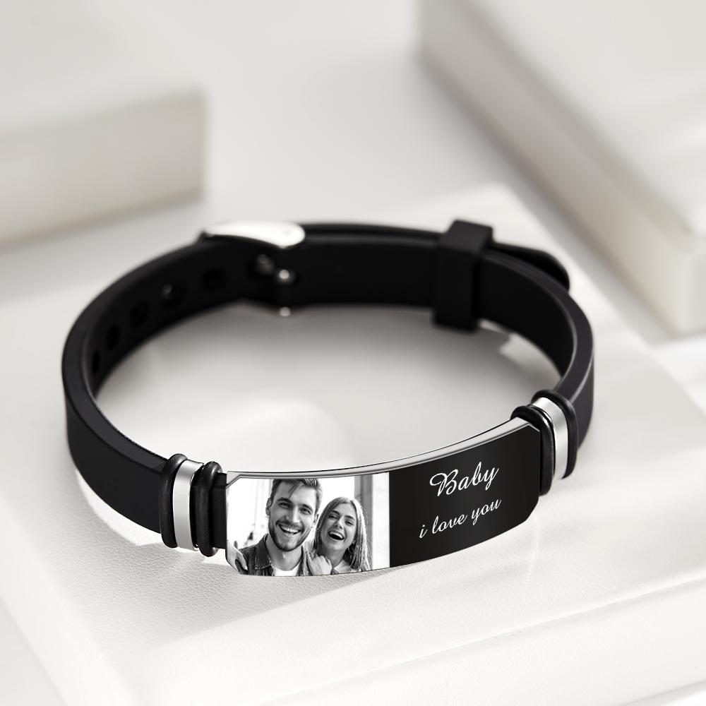 Custom Men's Photo Engraved Bracelet Wedding Gift For Anniversary Newly Married Couple Personalized Bracelet Black Filter