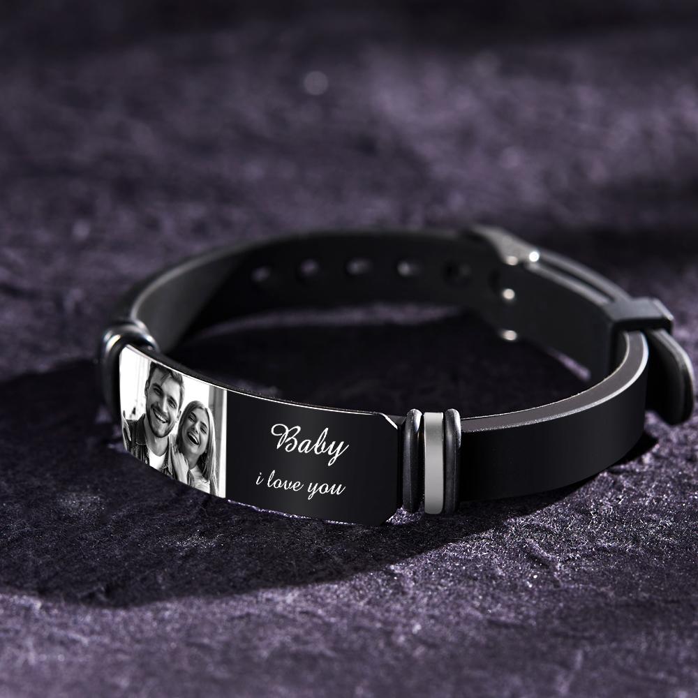 Custom Men's Photo Engraved Bracelet Wedding Gift For Anniversary Newly Married Couple Personalized Bracelet Black Filter