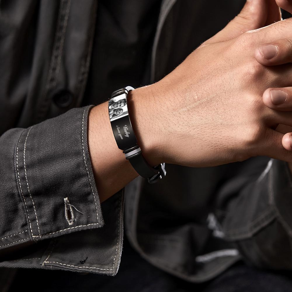 Custom Men's Photo Engraved Bracelet Wedding Gift For Anniversary Newly Married Couple Personalized Bracelet Black Filter