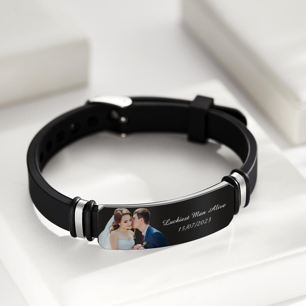 Custom Men's Photo Engraved Bracelet Wedding Gift For Anniversary Newly Married Couple Personalized Bracelet Black Filter