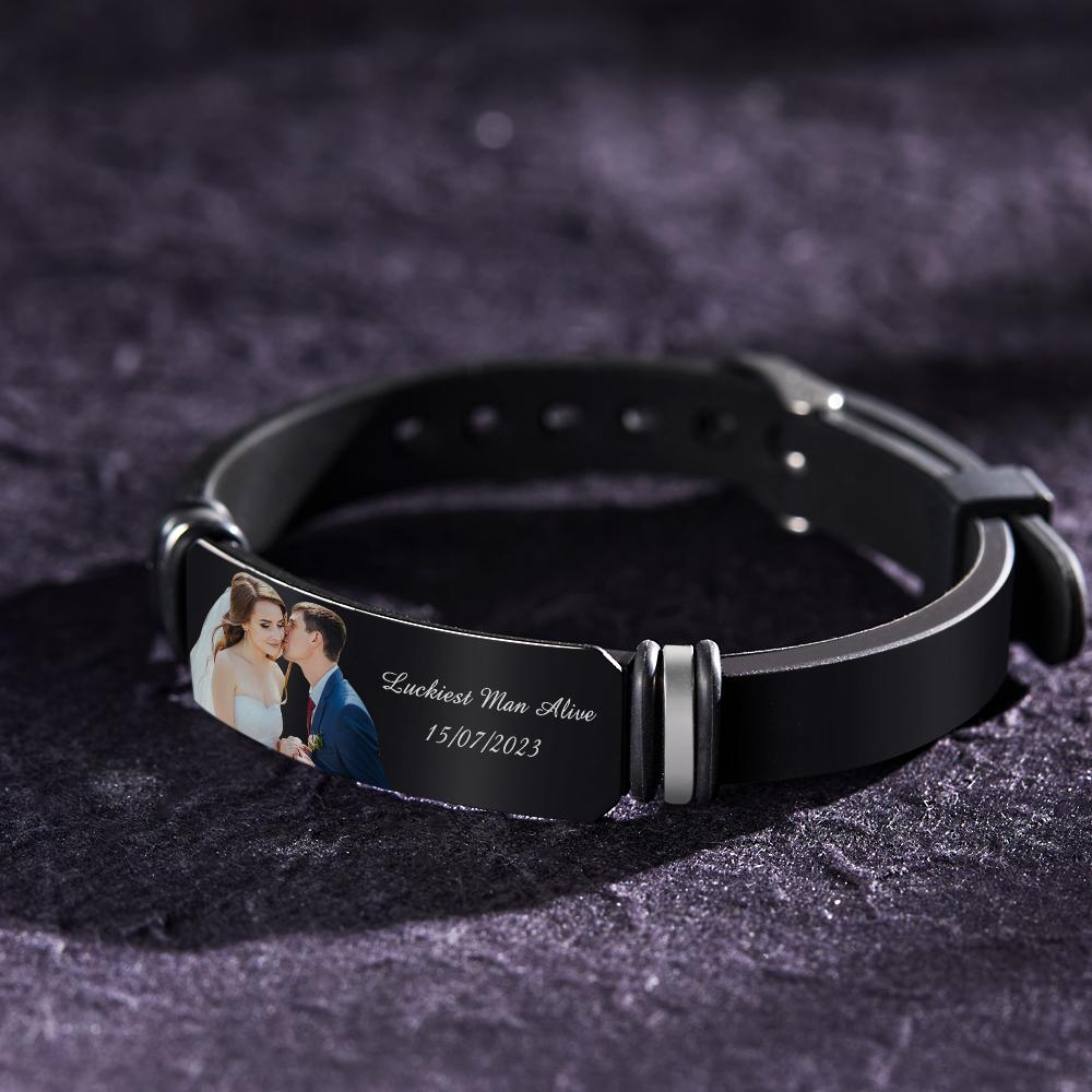 Custom Men's Photo Engraved Bracelet Wedding Gift For Anniversary Newly Married Couple Personalized Bracelet Black Filter