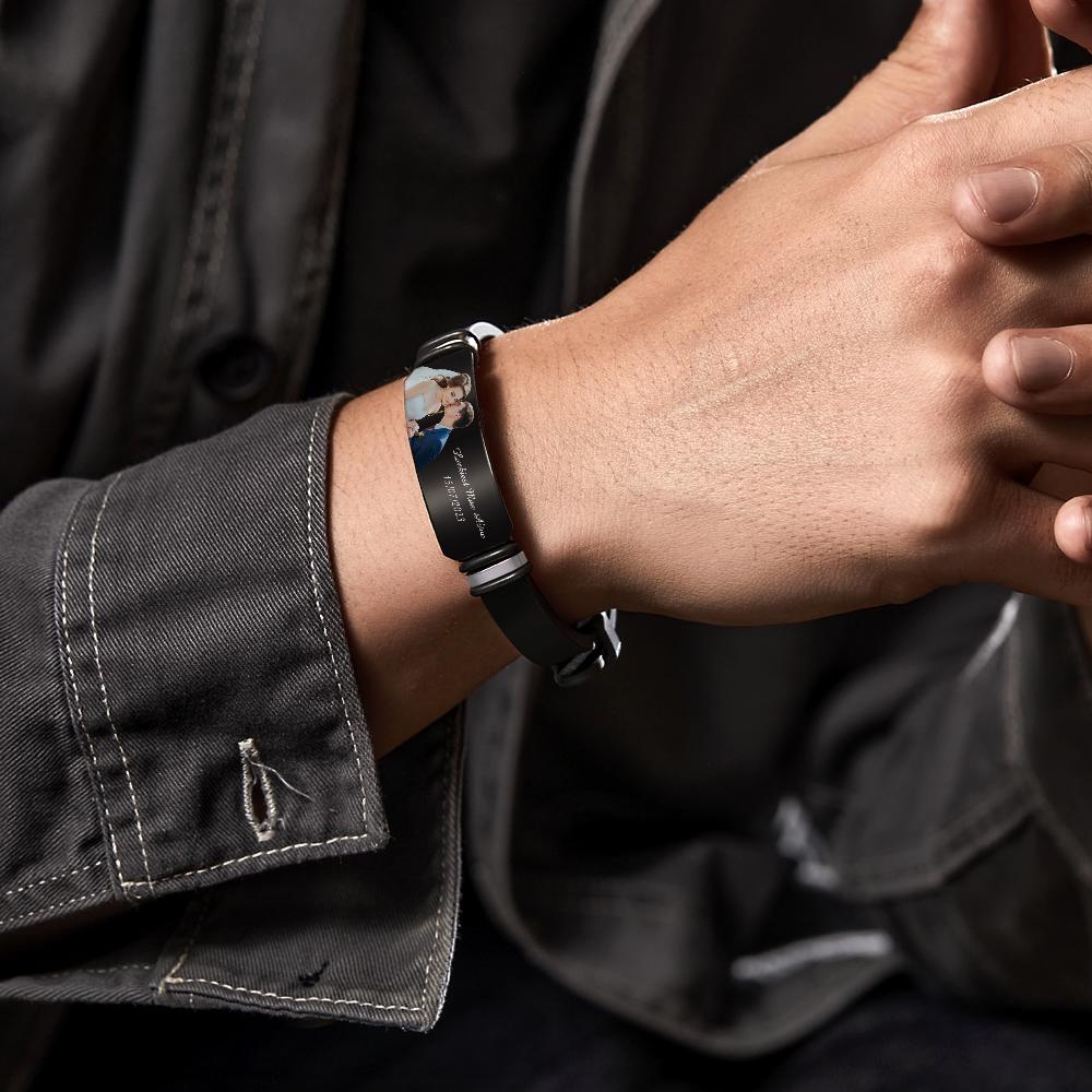 Custom Men's Photo Engraved Bracelet Wedding Gift For Anniversary Newly Married Couple Personalized Bracelet Black Filter