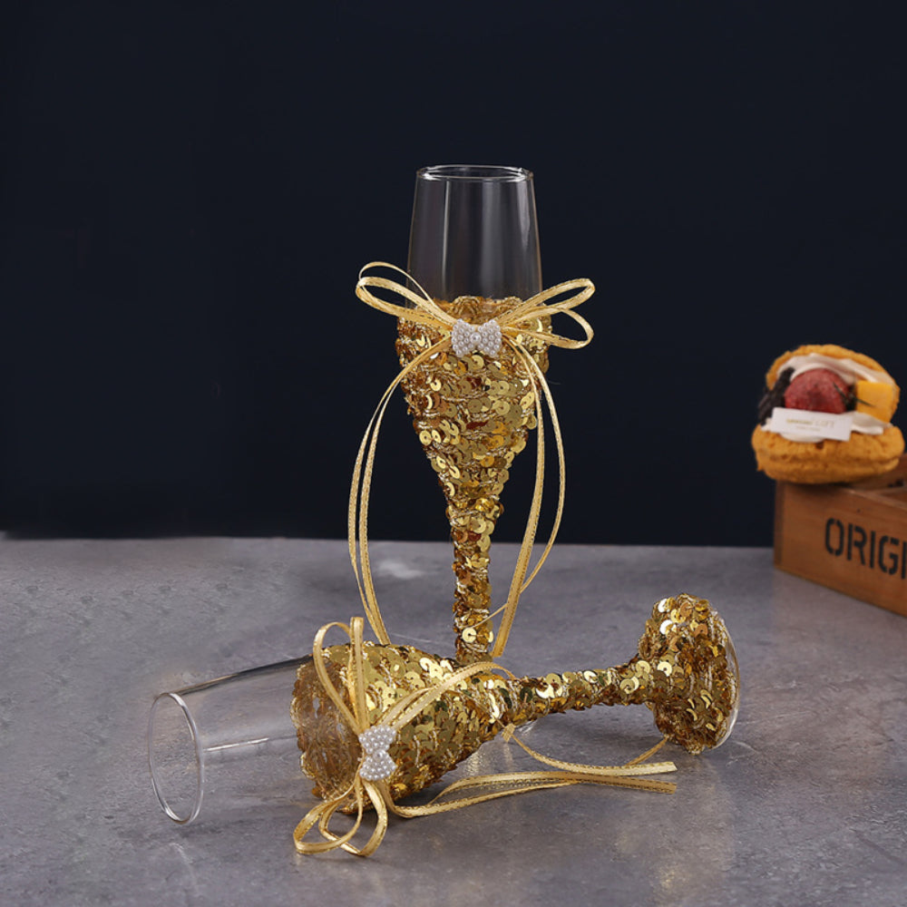 Wedding Wine Glasses Cake Cutting Set Gold Sequin Wine Glasses Champagne Cups