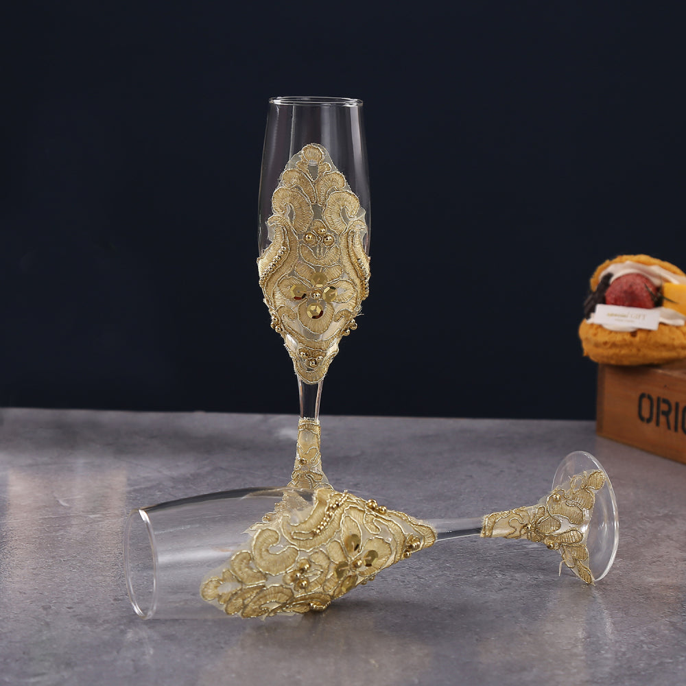 Wedding Wine Glasses Cake Cutting Set Gold Sequin Wine Glasses Champagne Cups