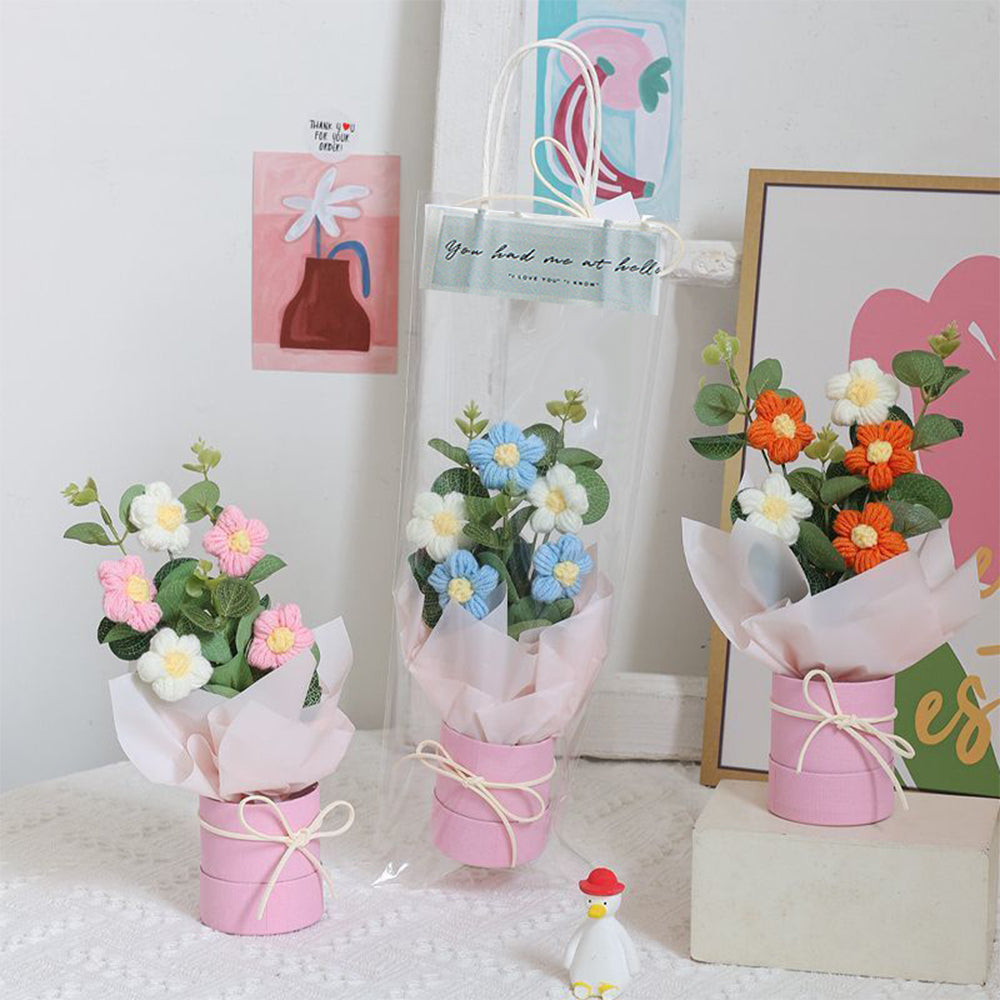 Crochet Flowers Bouquet Handmade Knitted Bouquet with Light Strip Birthday Gift for Lovers Wedding Gift