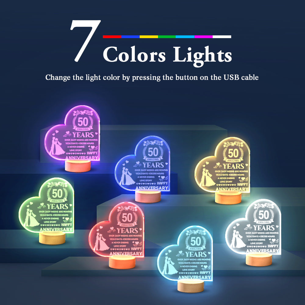 Personalised Night Light Heart Shaped Acrylic Lamp Anniversary Wedding Gifts for Him or Her