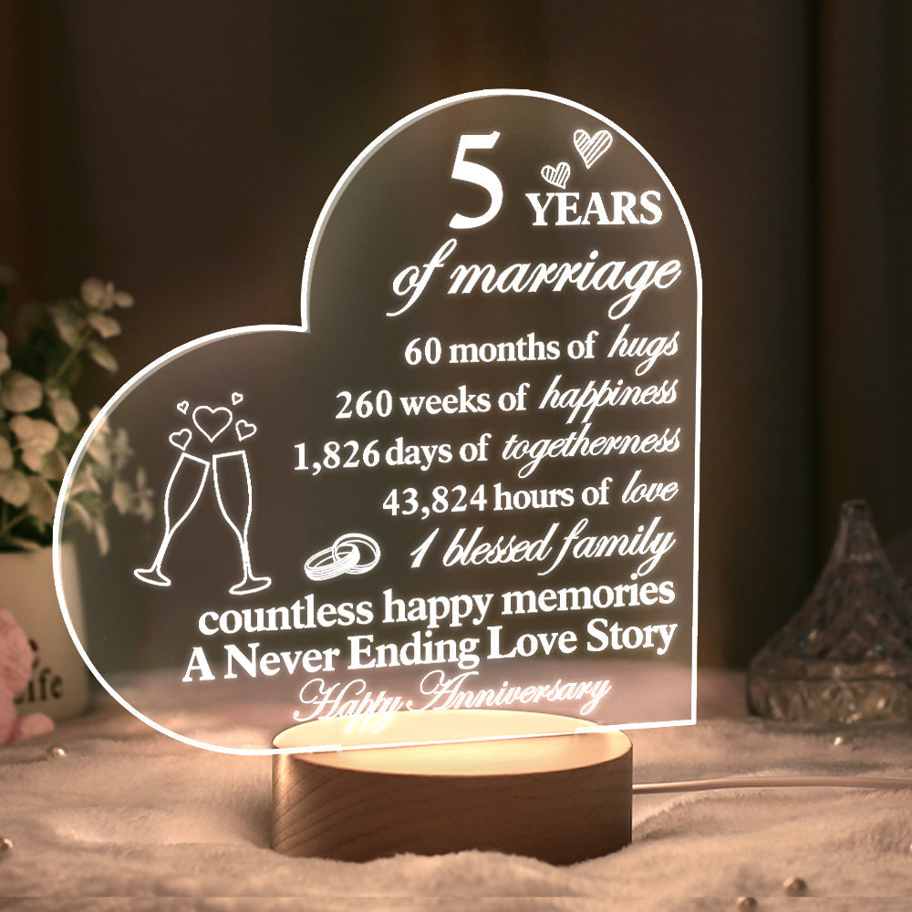 Personalised Anniversary Wedding Night Light Heart Shaped Acrylic Lamp Gifts for Wife Husband