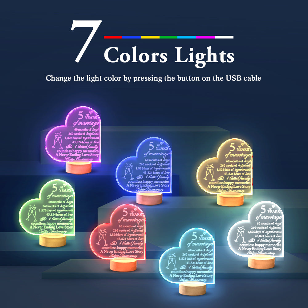 Personalised Anniversary Wedding Night Light Heart Shaped Acrylic Lamp Gifts for Wife Husband