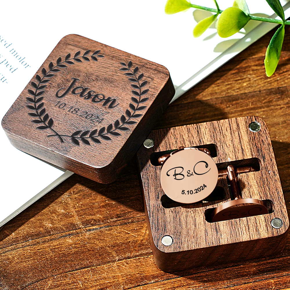 Personalized Engraved Cufflinks Set with Wooden Box Wedding Gift for Men Groomsmen