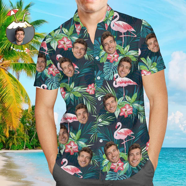 Custom Face Hawaiian Shirt And Beach Shorts Set Personalized Men's Photo Flamingo Flower Set Vacation Party Gift