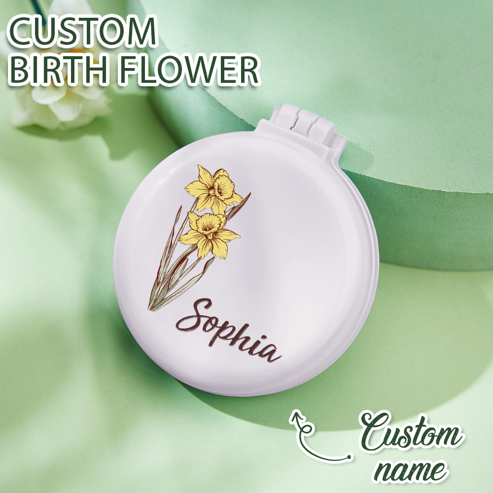 Personalized Cushion Mirror Comb Birth Flower Foldable Mirror with Hair Brushes Gift for Her