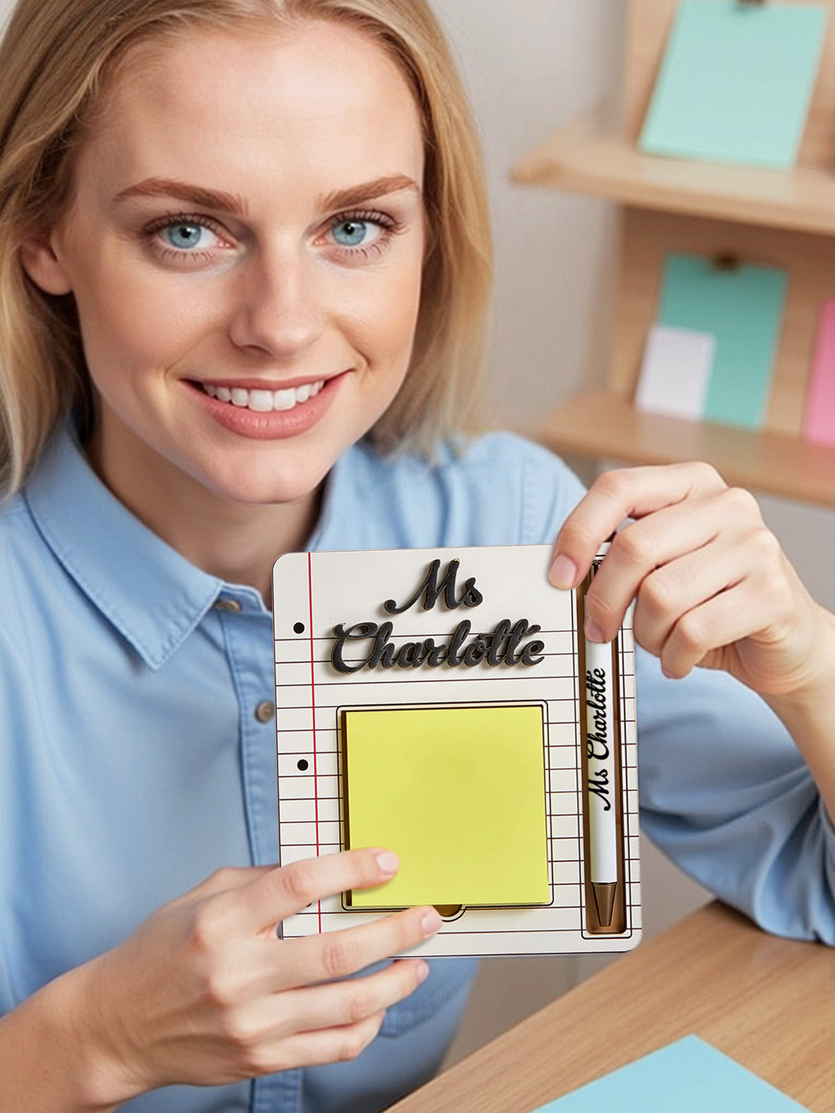 Personalized Name Sticky Note Wooden Holder with Pen Appreciation Gift for Teacher
