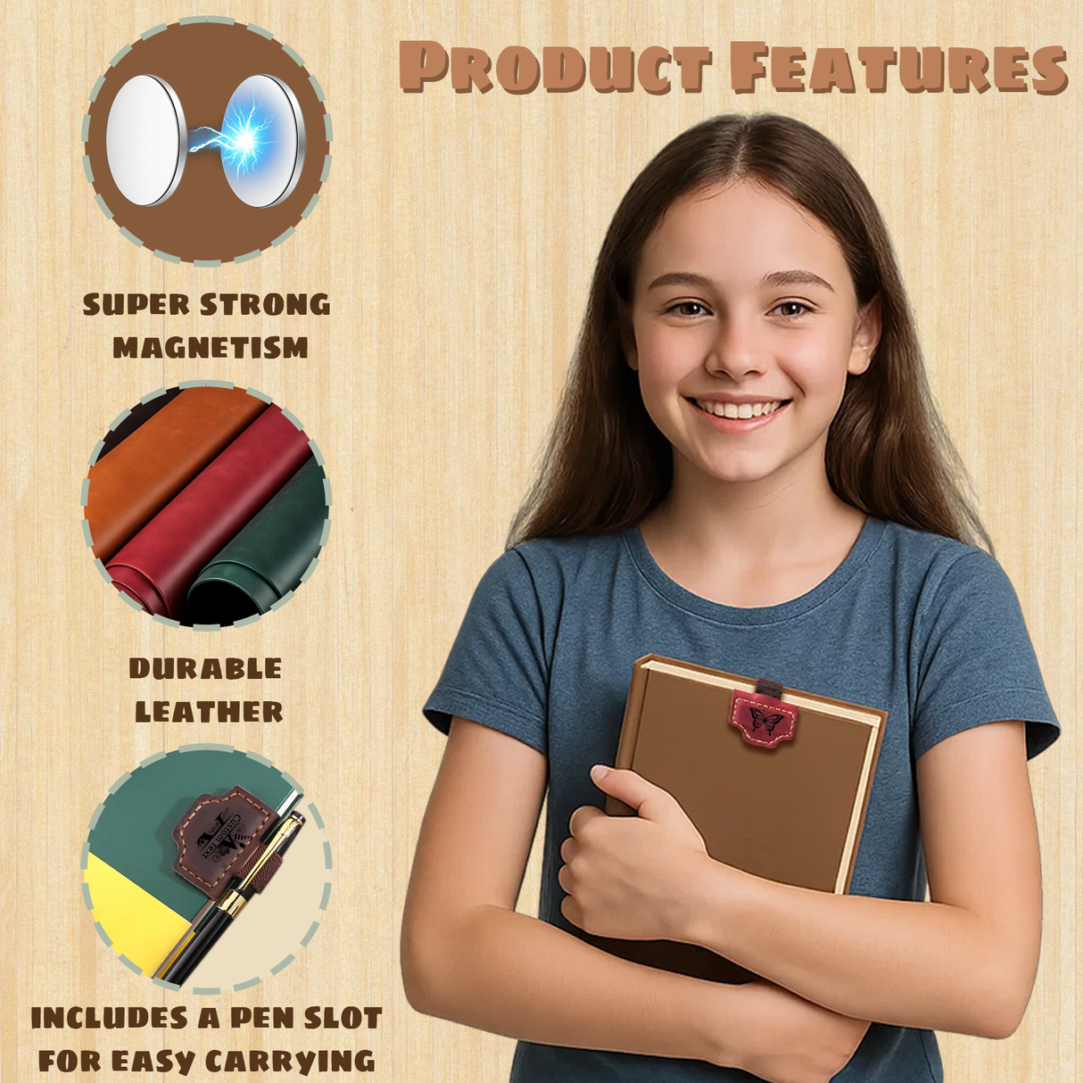 Custom Magnetic Leather Bookmark with Pen Holder – Personalized Book Mark with Replaceable Cover & Engraved Text – Gifts for Book Lovers, Readers, Teachers, Students