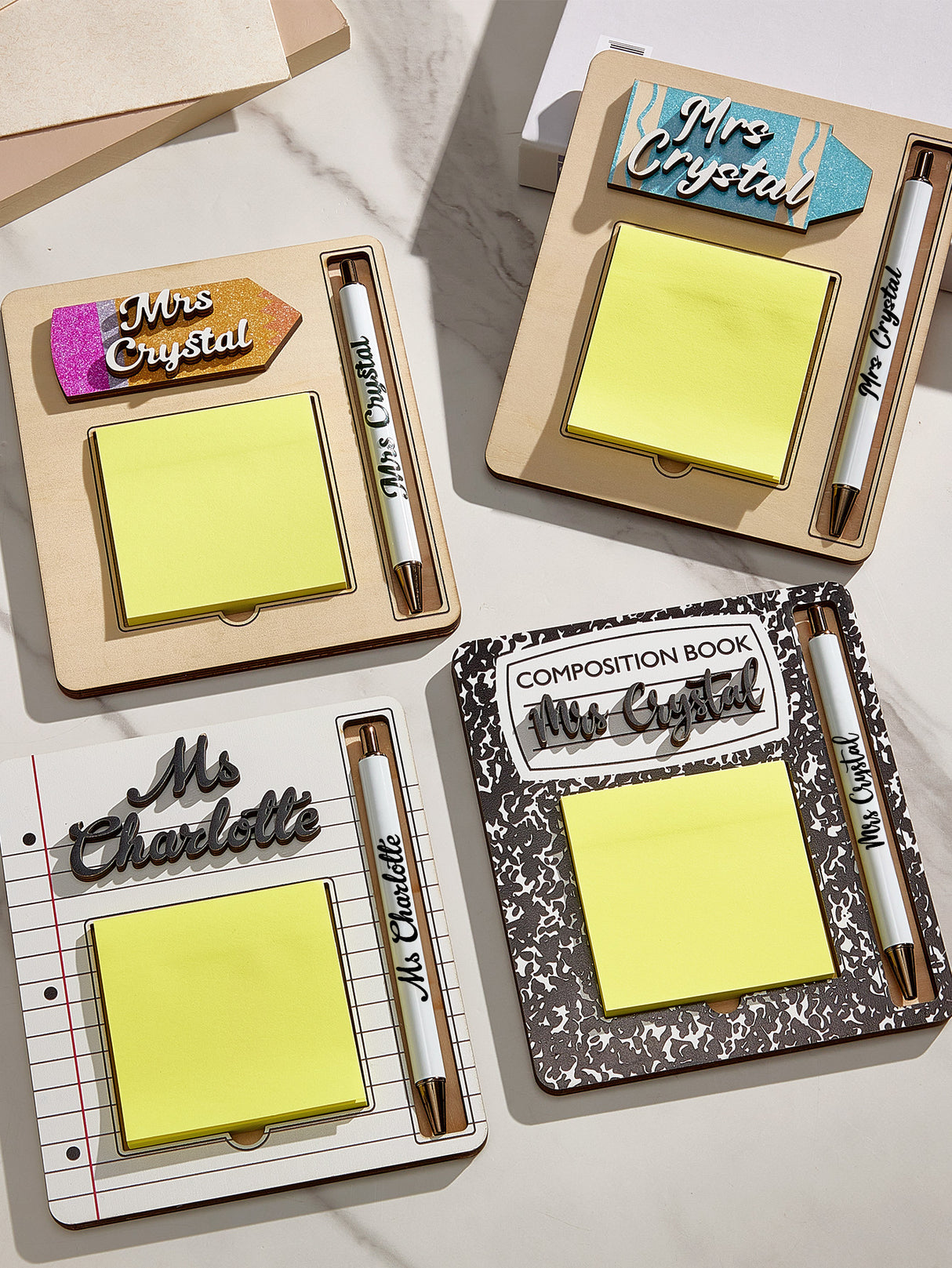 Personalized Name Sticky Note Wooden Holder with Pen Appreciation Gift for Teacher