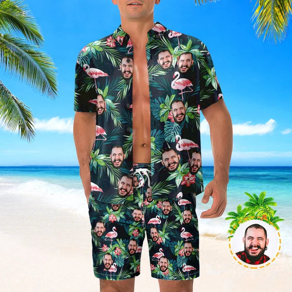 Custom Face Hawaiian Shirt And Beach Shorts Set Personalized Men's Photo Flamingo Flower Set Vacation Party Gift