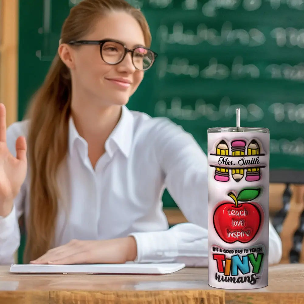 Personalized 3D Inflated Effect Apple Pencil Rainbow Design 20oz Skinny Tumbler Lid and Straw Back to School Gift for Teacher
